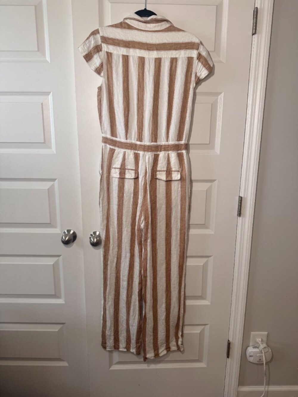 FRAME Linen Blend Shirt Jumpsuit | Brown Striped Collar | Size S - Picture 2 of 7